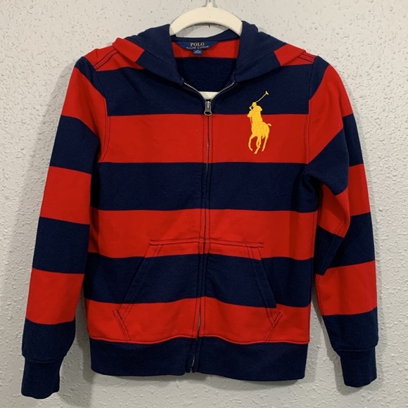 Polo Ralph Lauren Large Pony Full Zip Red & Blue Stripe Hoodie NEW size M 10-12 - Picture 1 of 13